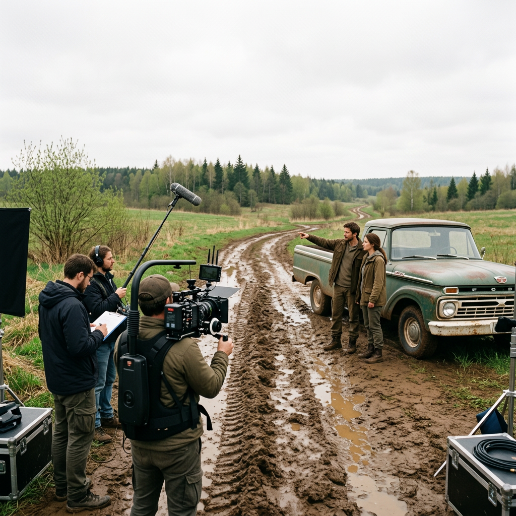 A muddy rural road thawing under an overcast sky
