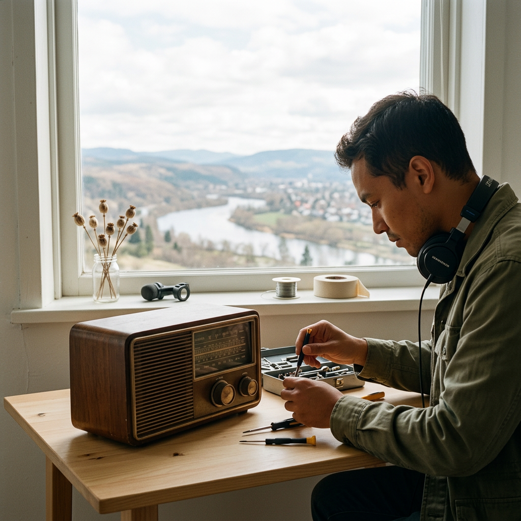 A dust-covered analog radio on a windowsill at dusk